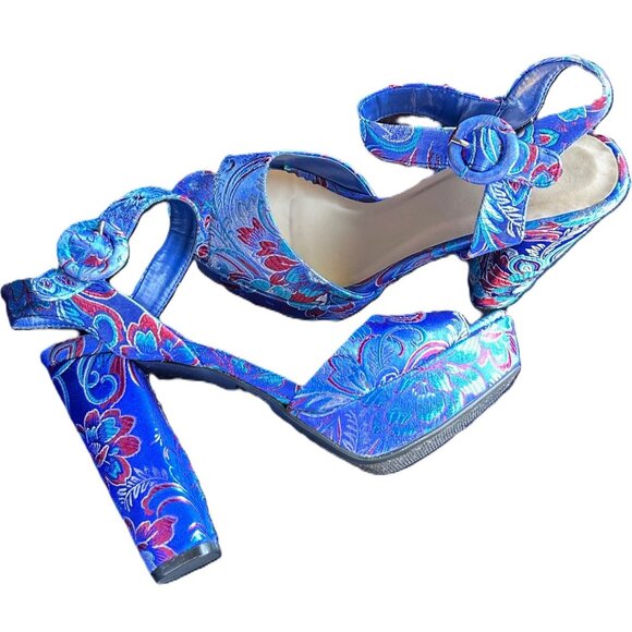 High Heel Platform Sandals SZ 8 Blue floral satin, 4.7" Heels - Picture 2 of 12